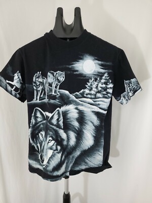 90s vintage All over print Wolf moon black and white print size M