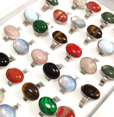 25pcs Charm Stone Ring Oval Shape Vintage Silver Stainless Steel Party Rings
