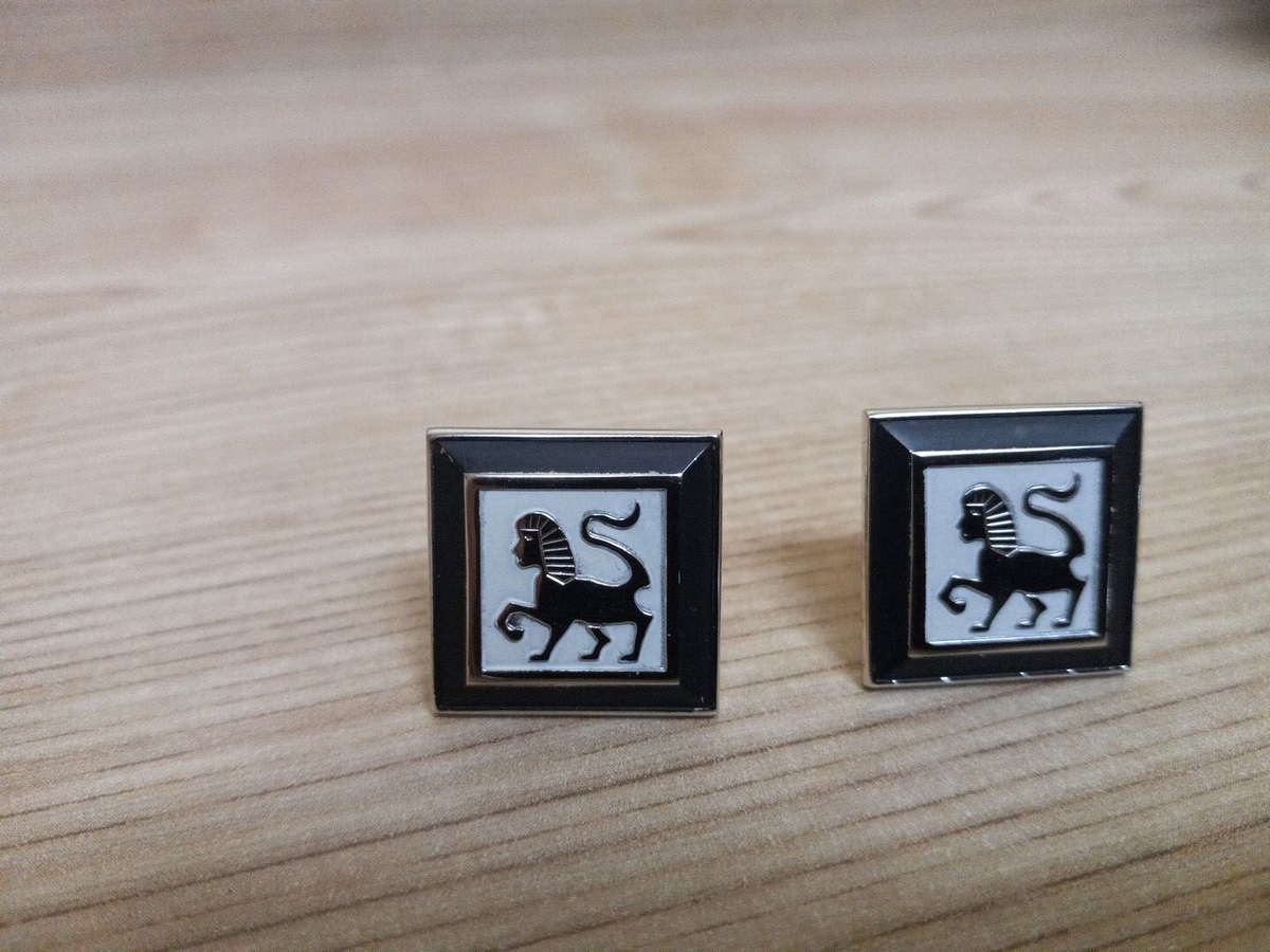Vintage Swank Designer Egyptian Lion/Sphinx Silver Tone Enamel