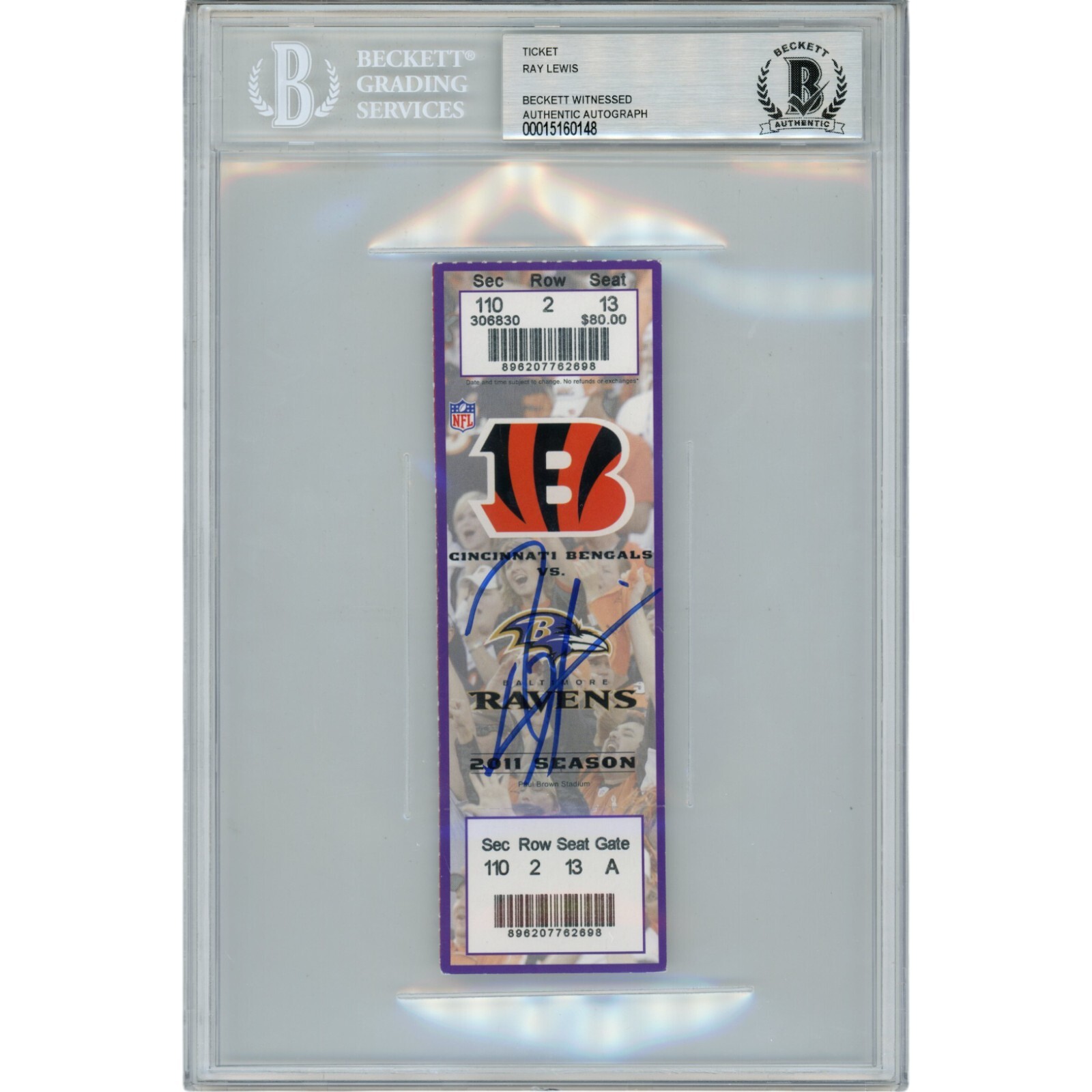 Ray Lewis Autographed Signed Baltimore Ravens 1/1/12 Ticket Stub Beckett 