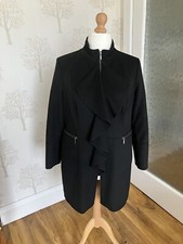 M&s Per Una Black Funnel Neck Coat Sz 18 Zip Front Frill Trims Zip Accents Vgc