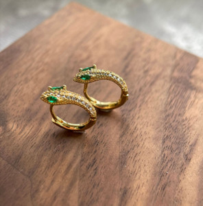 Authentic 925 Gold Plated Pave CZ Green Eyes Anime Snake Hoop Huggie Earrings Women PE60