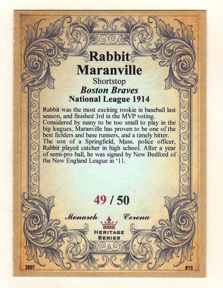 Rabbit Maranville 1914 Boston Braves MC Heritage serie #/50/casi nuevo+ estado Foto 2 de 2
