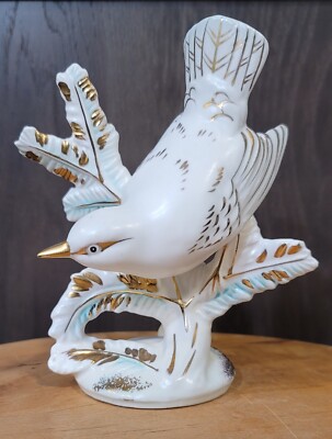 Vintage Ceramic Elegant Bird White With Gold Trim And Blue Accents
