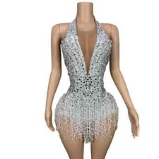 New Women Shining Rhinestone Pearl Tassel Jumpsuit Stage Performance Costume