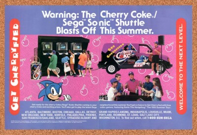 1993 Sonic Cherry Coke Sega Game Truck Original Advertisement / Retro Promo v1