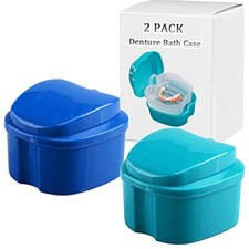 2 Pack Colors Denture Bath Case Cup Box Holder Storage Soak Container for Travel