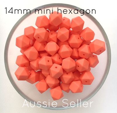 5 silicone beads BRIGHT CORAL 14mm mini hexagon DIY keyring macrame supplies