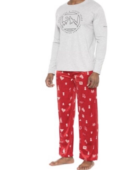 New $68 Columbia MINKY FLEECE Gray Shirt Red Pants Pajama Lounge Set Men's L