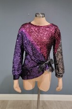 Vintage 80's sparkly sequin pink purple silver glam open knit sweater M/L