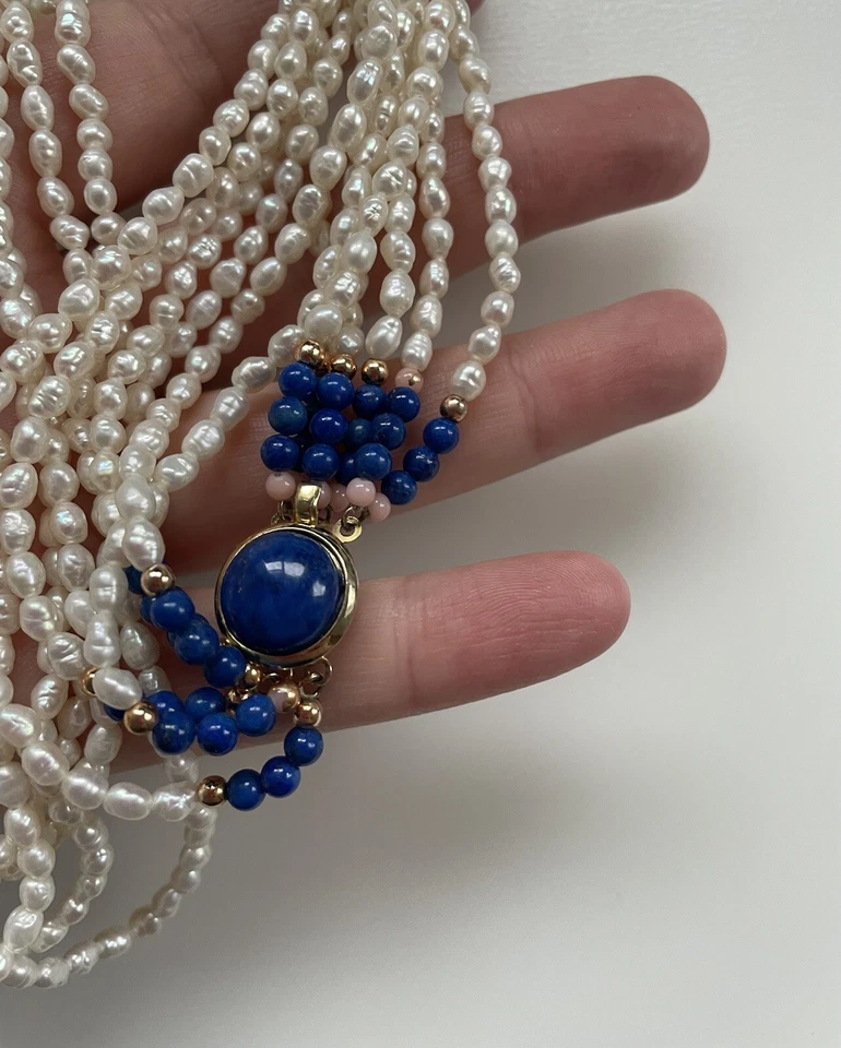 Gold Plated Sterling Silver Multi Strand Pearl Necklace Lapis Lazuli Clasp 22.5" - Image 4 of 4