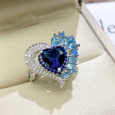 New Heart Shaped Titanic Ocean Blue Topaz Silver Women Charm Ring Adjustable