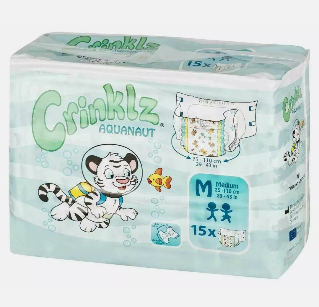 15 PACK Crinklz Tab Style Adult Diapers AQUANAUT Print MEDIUM