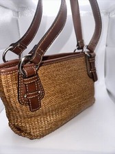 Vintage Fossil Small Handbag Martinique Straw Rattan Leather Purse Satchel