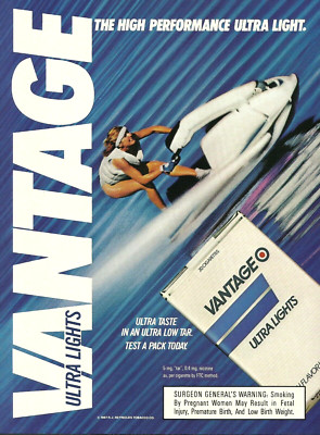 1987 Vantage Ultra Lights Cigarettes Woman On Jet Ski vintage Print AD