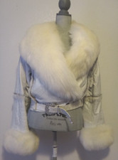 B2 Balizza Genuine Leather Jacket w/ Crystal Belt White Real Arctic Fox Fur Sz S