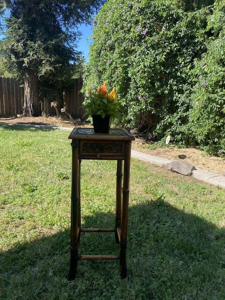 Vtg Bamboo Rattan With Metal Plant Stand SideTable W/Drawer Indoor/Outdoor Decor - Image 4 of 4