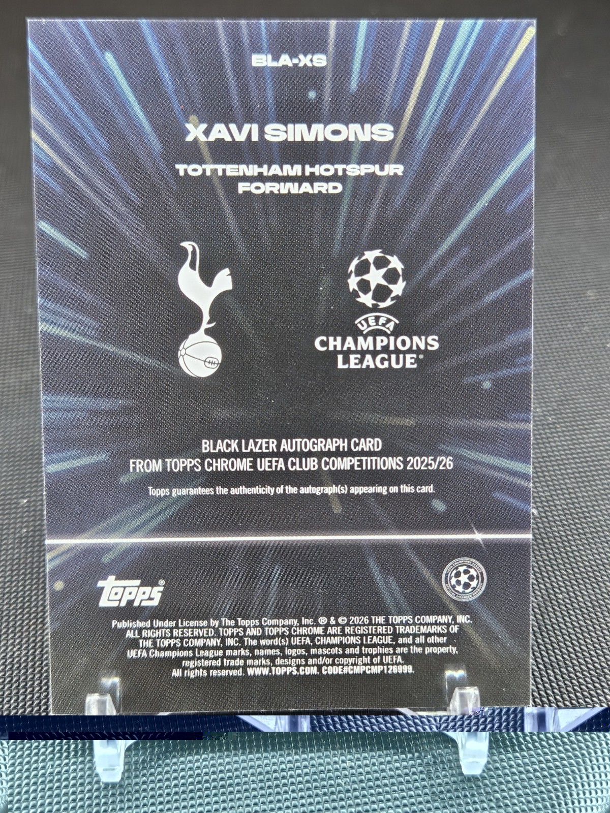 Topps 2025-26 Chrome UEFA Xavi Simons Tottenham Black Lazer Auto BLA-XS view 7