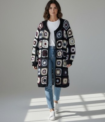 Granny Square Häkeln Jacke Cardigan Crochet Knit Mantel Boho Hippie Strickjacke