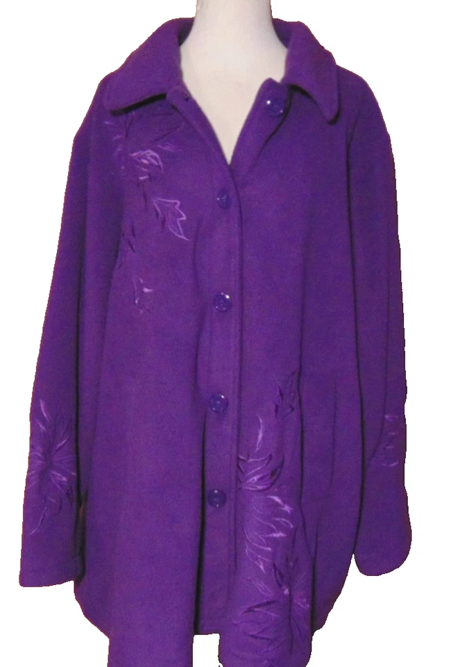 SUSAN GRAVE WOMENS PURPLE SOFT FLEECE JACKET W/FLORAL EMBROIDERY COAT~3X - Image 3 of 4