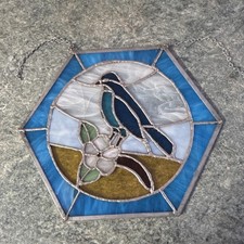 Hexagonal Stained Glass Suncatcher Bird Flower Blue Green Decorative Hanging