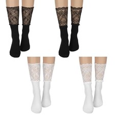 4 Pairs Women's Lace Socks, Women Frilly Lace Calf Stocking Mesh Lace Trim