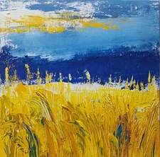 Original oil painting 8"x8", Abstraction, Contemporary art, Yellow, Blue, Field
