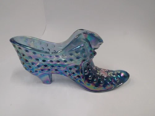 Fenton Hand Painted Blue Opalescent Cat Shoe with Sticker