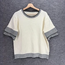 SheIn Knit Top Women 0XL Beige Short Sleeve Round Neck Acrylic Pullover Casual