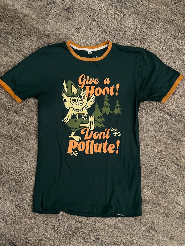 The Landmark Project Woodsy Owl Ringer T-Shirt Forest Green Unisex X SMALL