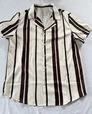Men  s Brown Striped Camp Collar Short Sleeve Button Down Shirt Size Large .
