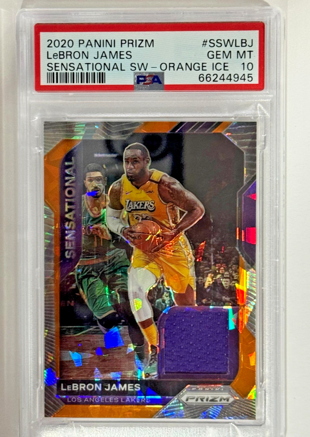 2020 Panini Prizm LeBron James Sensational Swatches Orange Ice PSA 10 Gem Mint view 4