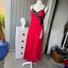 VTG 70s 80s Vanity Fair Red Lace Nylon Nightgown Sheer Maxi Slip Sz S USA
