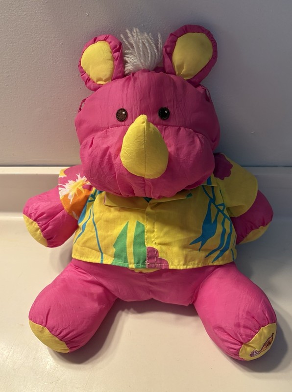 Vintage Fisher Price PUFFALUMP 1987 Wild Things Pink Rhino Tropical Shirt