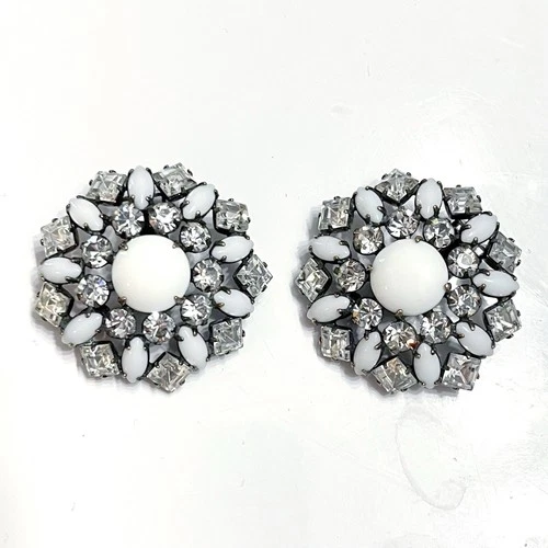 Vintage Schreiner Earrings White & Clear Glass Clip Signed Costume Jewelry