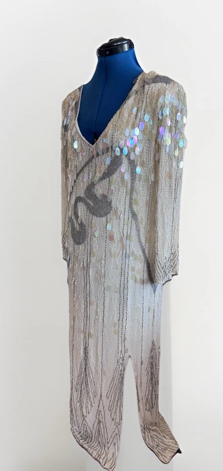 Vintage Oleg Cassini Glam Silk Beaded Maxi Gown Sequin Dress *Flaws - Image 4 of 4