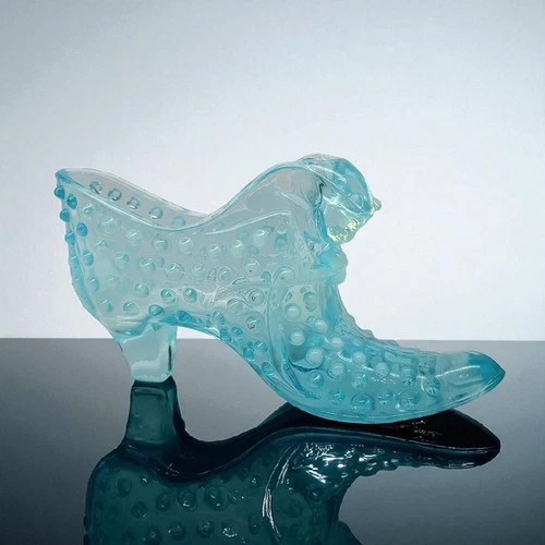 Pre 1970 Fenton Art Glass Hobnail Cat Slipper Shoe Blue Opalescent Satin Frosted
