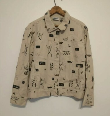 Chico's Denim Jean Jacket Sz 1 M L Petroglyph Cave Writing Funky Print Beige Tan