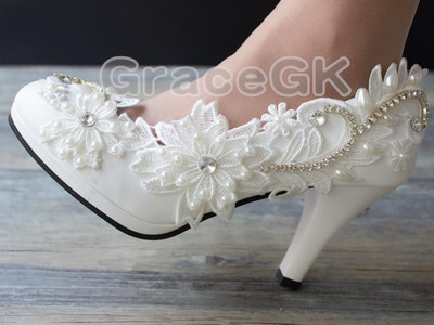 Lace Gem white ivory crystal Wedding shoes Bridal flats low high heel pump  size | eBay