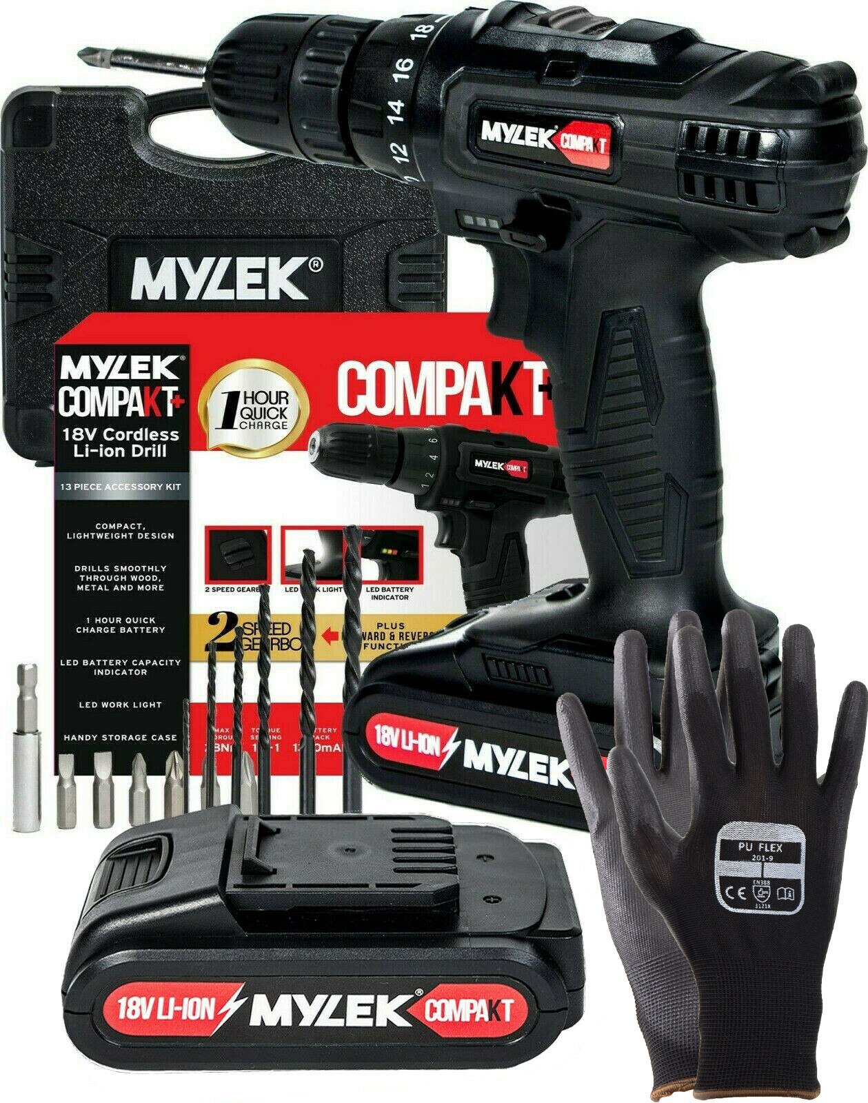 Compakt 18V Cordless Drill Driver Screwdriver Two Li-Ion Fast Charge Batteries