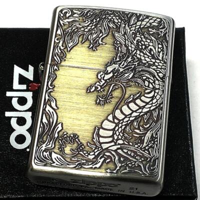 Zippo Dragon Antique Gold Silver Brass Oil Lighter Regular Case