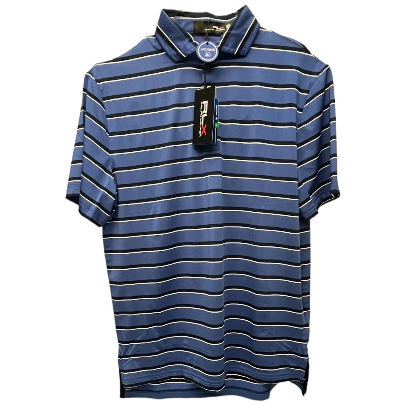 RLX Polo Ralph Lauren Striped Short Sleeve Wicking Blue Navy Stretch $98