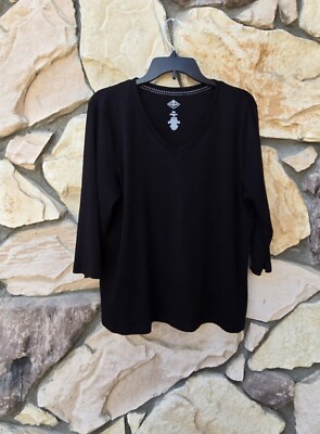 St John's Bay XXL Essential Tee Black V Neck 3/4 Sleeve 100% Cotton Career