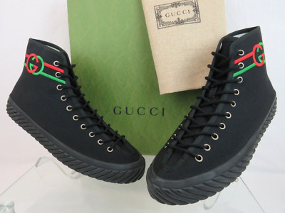 NIB GUCCI 703033 BLACK CANVAS RED GREEN GG LOGO HIGH TOP SNEAKERS 9.5