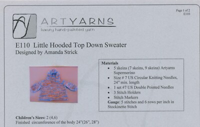 ARTYARNS KNITTING PATTERN E110 Little Hooded Top Down Sweater Child 2-6 24''-28''