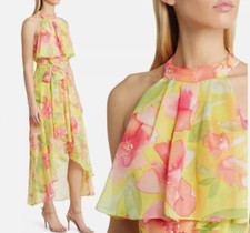$148 Eliza J Yellow Floral Halter Neck High Low Flowy Spring Dress Sz 12 NWT