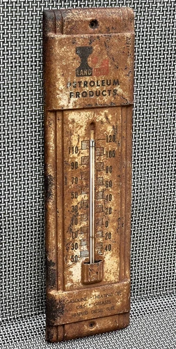 Vintage 14" Landmark Petroleum Products Metal Thermometer Sign Gas Oil Working!