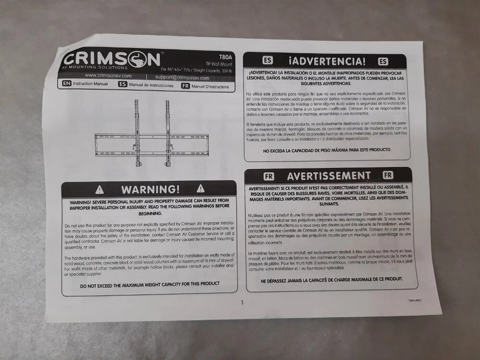 Montaje de pared inclinable universal Crimson T80A para pantallas de 46-90" - 300 lb Foto 3 de 4