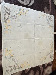 Antique Hand Embroidered Linen Tablecloth Country Flowers 33” X 34”