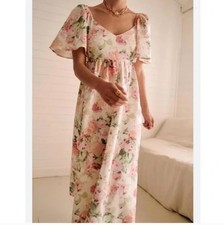 Sezane Dress Size 36 Emeline Romantic Flowers Linen Cotton Flutter Sleeve Midi